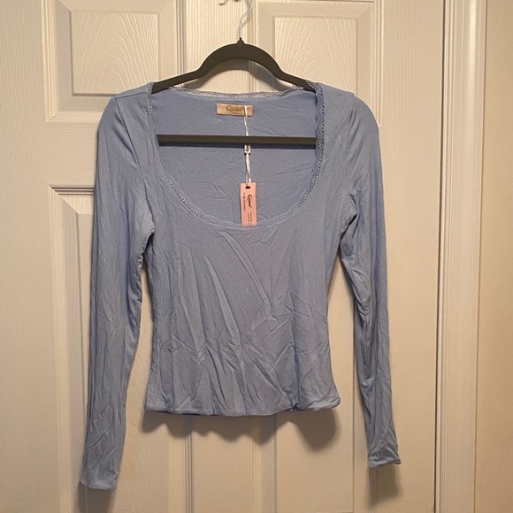 Qinsen Tops - Qinsen Light Blue Ribbed Double Layer Long Sleeve Top with Lace Detailing…size L